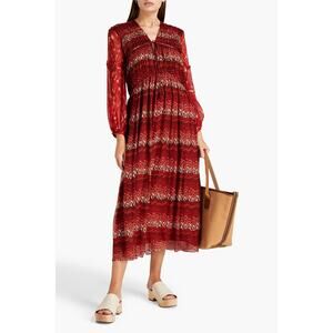 Joie Alquina Silk Midi Dress Womens M Orange Abstract Print Semi Sheer Boho Chic